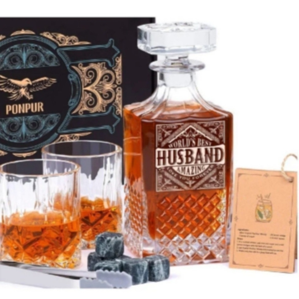 NEW IN Box Ponpur Husband Engraved Whiskey Decanter Set with Glasses